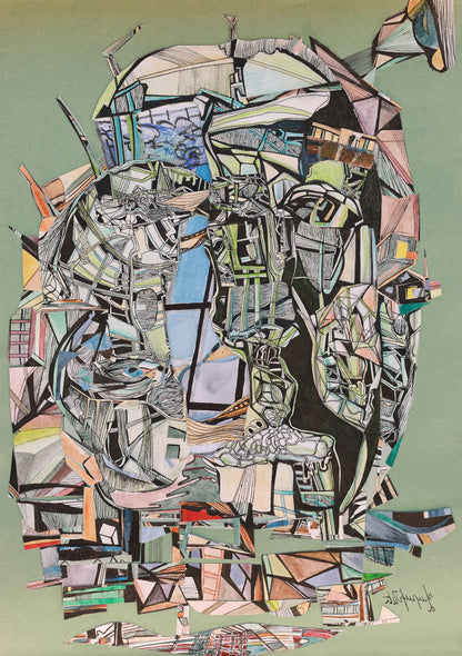 Abstract artwork with geometric shapes and colors on a green background