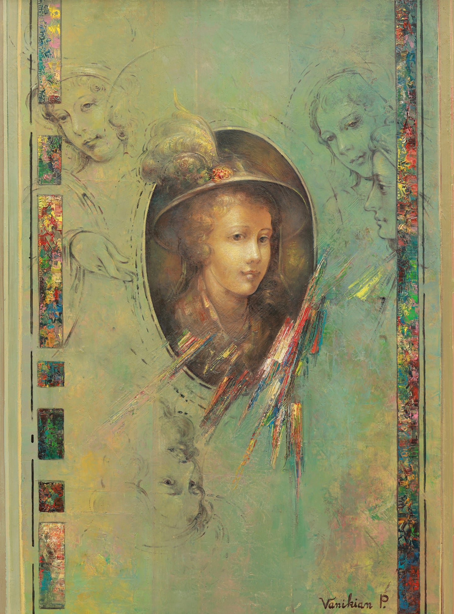 Artistic portrait of a young girl with decorative elements on a textured background