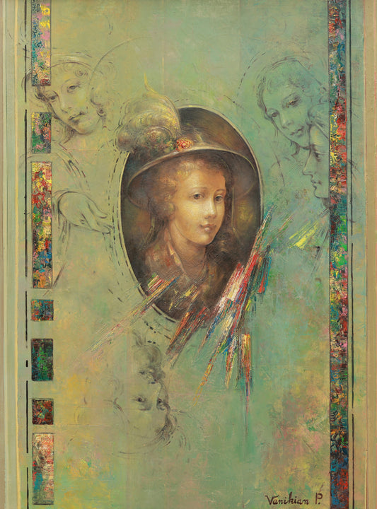 Artistic portrait of a young girl with decorative elements on a textured background