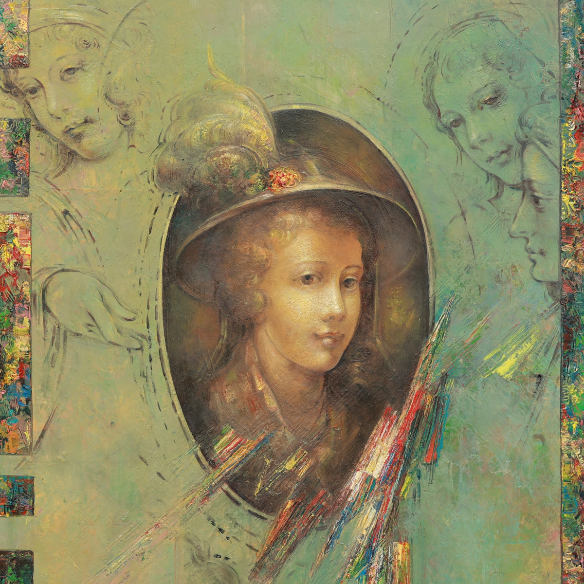 Artistic depiction of a young girl with a decorative hat, surrounded by abstract elements and other figures.