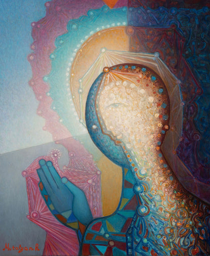 Colorful abstract painting of a figure with a headdress and outstretched hands.