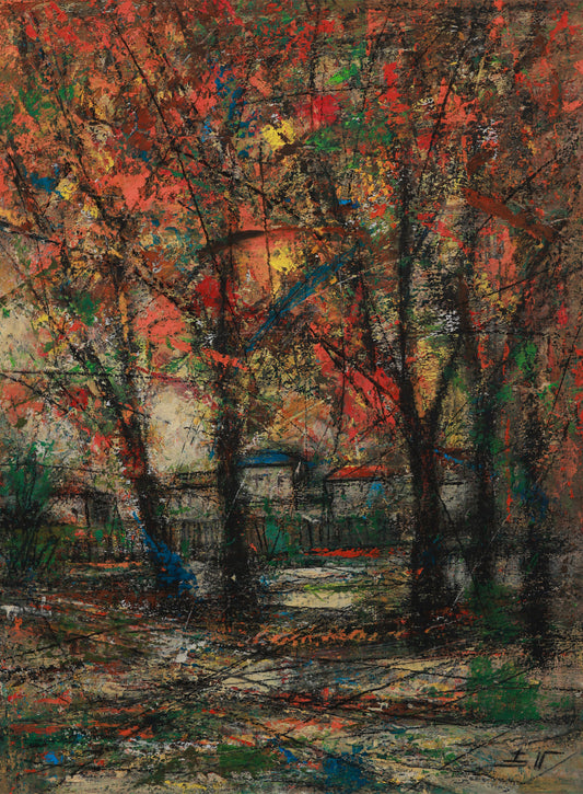 Colorful abstract painting of a forest scene with trees and a path.