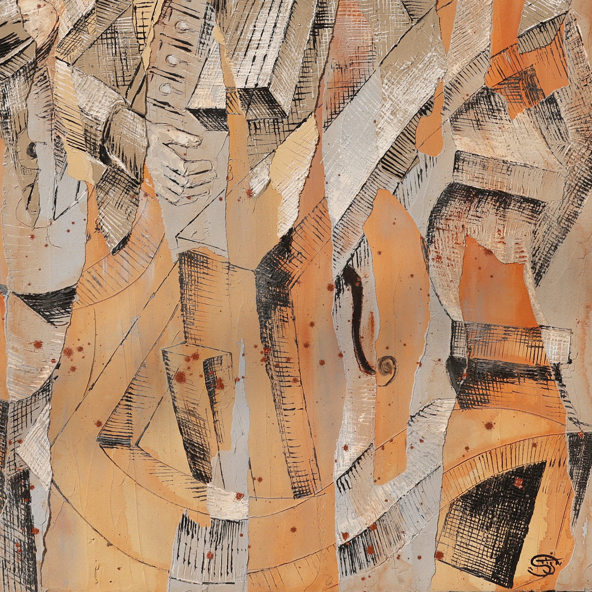 A detail shot of a cubist-inspired abstract painting featuring fragmented musical instruments and human forms layered in a warm, earthy color palette of beige, ochre, and rust. The composition includes elements of a saxophone, piano keys, a violin, and expressive hands, all interwoven through geometric shapes and textured cross-hatching. The artwork conveys movement, rhythm, and improvisation, capturing the spirit of jazz through a modernist visual language.