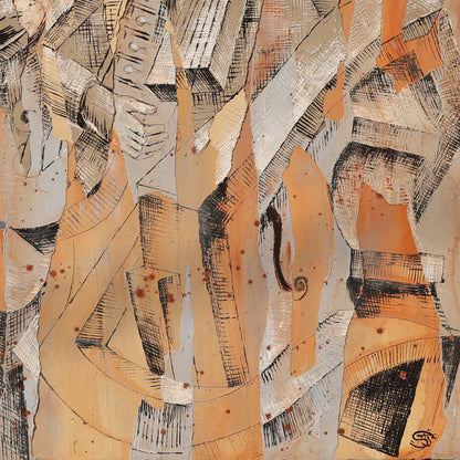 A detail shot of a cubist-inspired abstract painting featuring fragmented musical instruments and human forms layered in a warm, earthy color palette of beige, ochre, and rust. The composition includes elements of a saxophone, piano keys, a violin, and expressive hands, all interwoven through geometric shapes and textured cross-hatching. The artwork conveys movement, rhythm, and improvisation, capturing the spirit of jazz through a modernist visual language.