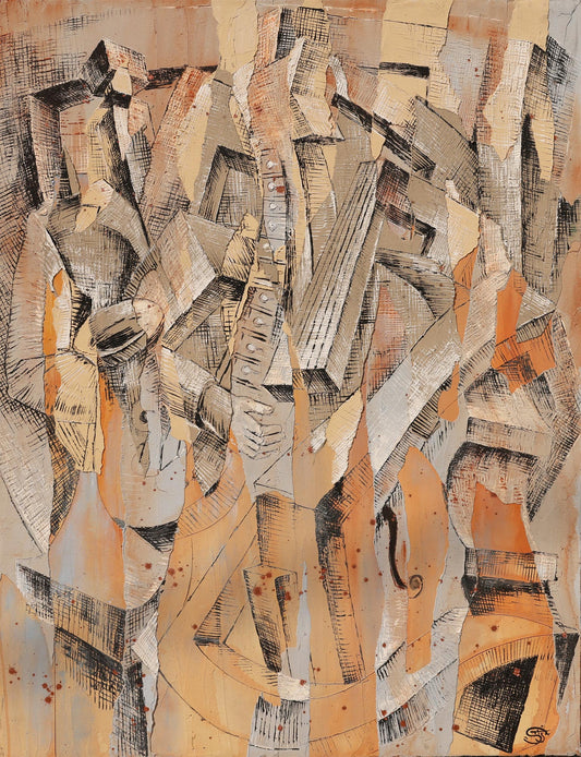 Cubist-inspired abstract painting featuring fragmented musical instruments and human forms layered in a warm, earthy color palette of beige, ochre, and rust. The composition includes elements of a saxophone, piano keys, a violin, and expressive hands, all interwoven through geometric shapes and textured cross-hatching. The artwork conveys movement, rhythm, and improvisation, capturing the spirit of jazz through a modernist visual language.