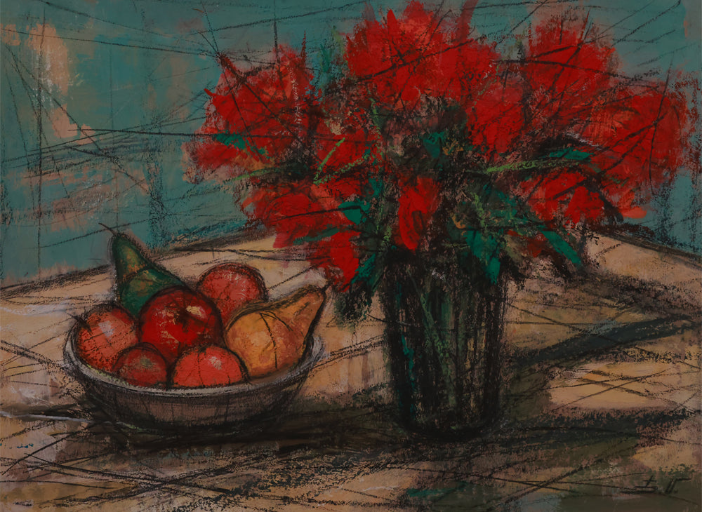 Still life with red flowers in a vase and fruits in a bowl on a textured surface.