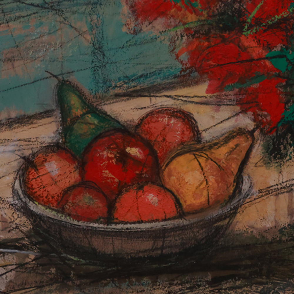 Still life painting of apples and pears in a bowl with abstract background