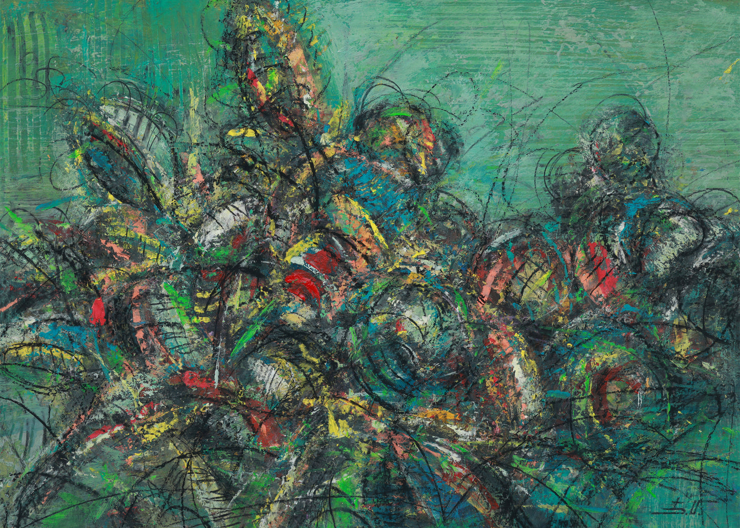 Abstract artwork with swirling colors and patterns on a textured surface