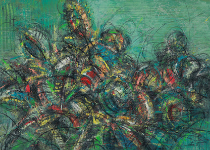 Abstract artwork with swirling colors and patterns on a textured surface