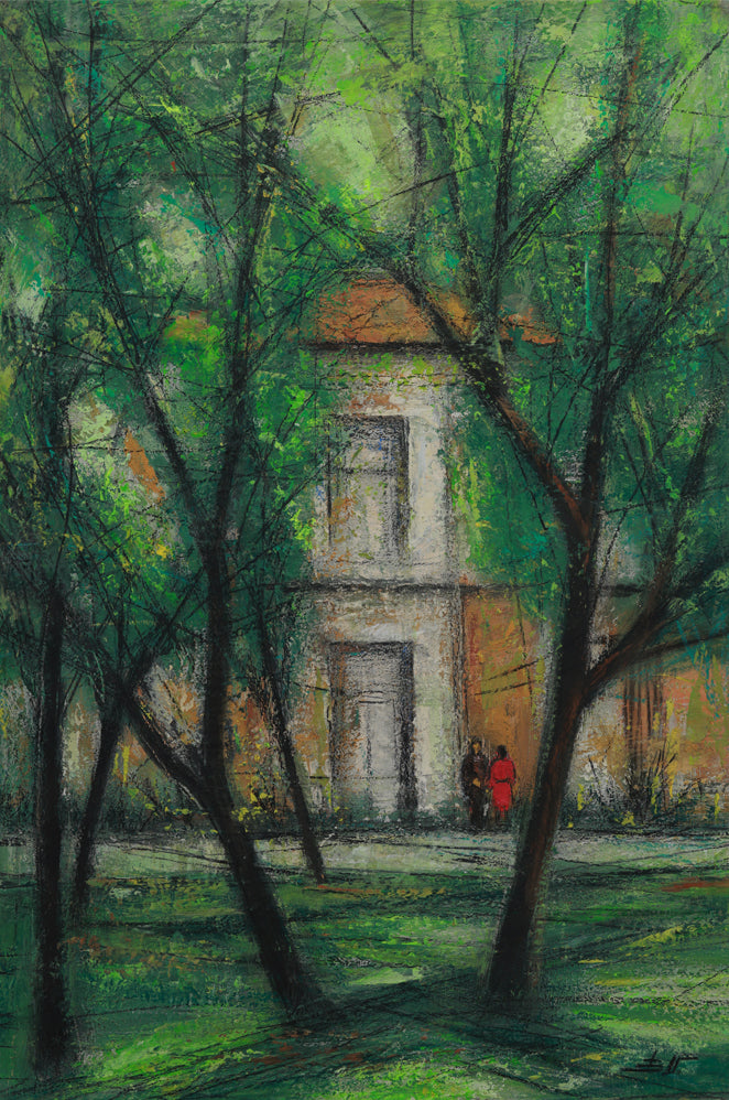 Painting of a house partially obscured by trees with a person in a red coat standing outside.
