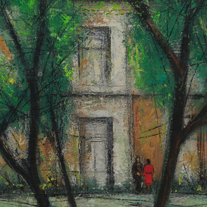 Painting of a building with two people walking under trees