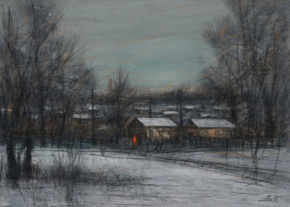 Winter landscape with houses and bare trees, evoking a sense of solitude and cold.