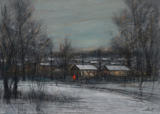 Winter landscape with houses and bare trees, evoking a sense of solitude and cold.