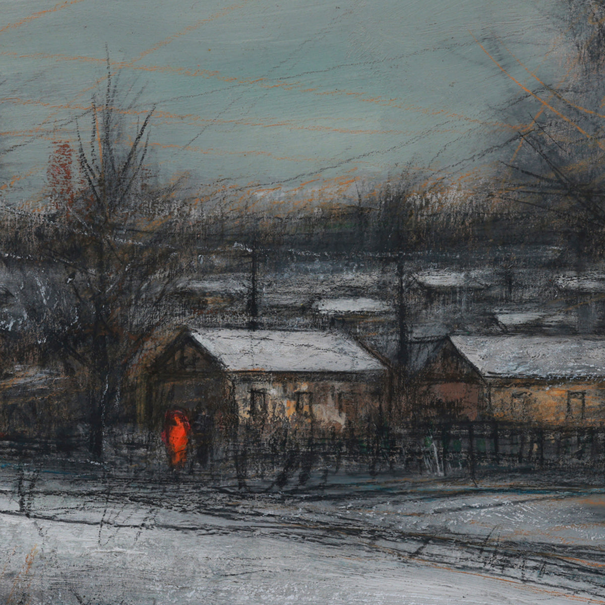 Painting of a snowy village scene with a warm light glowing from a house.