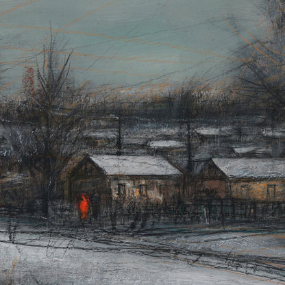 Painting of a snowy village scene with a warm light glowing from a house.
