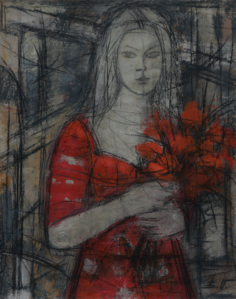 Artistic depiction of a woman in a red dress holding flowers against a dark background