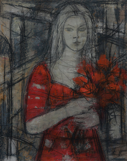 Artistic depiction of a woman in a red dress holding flowers against a dark background