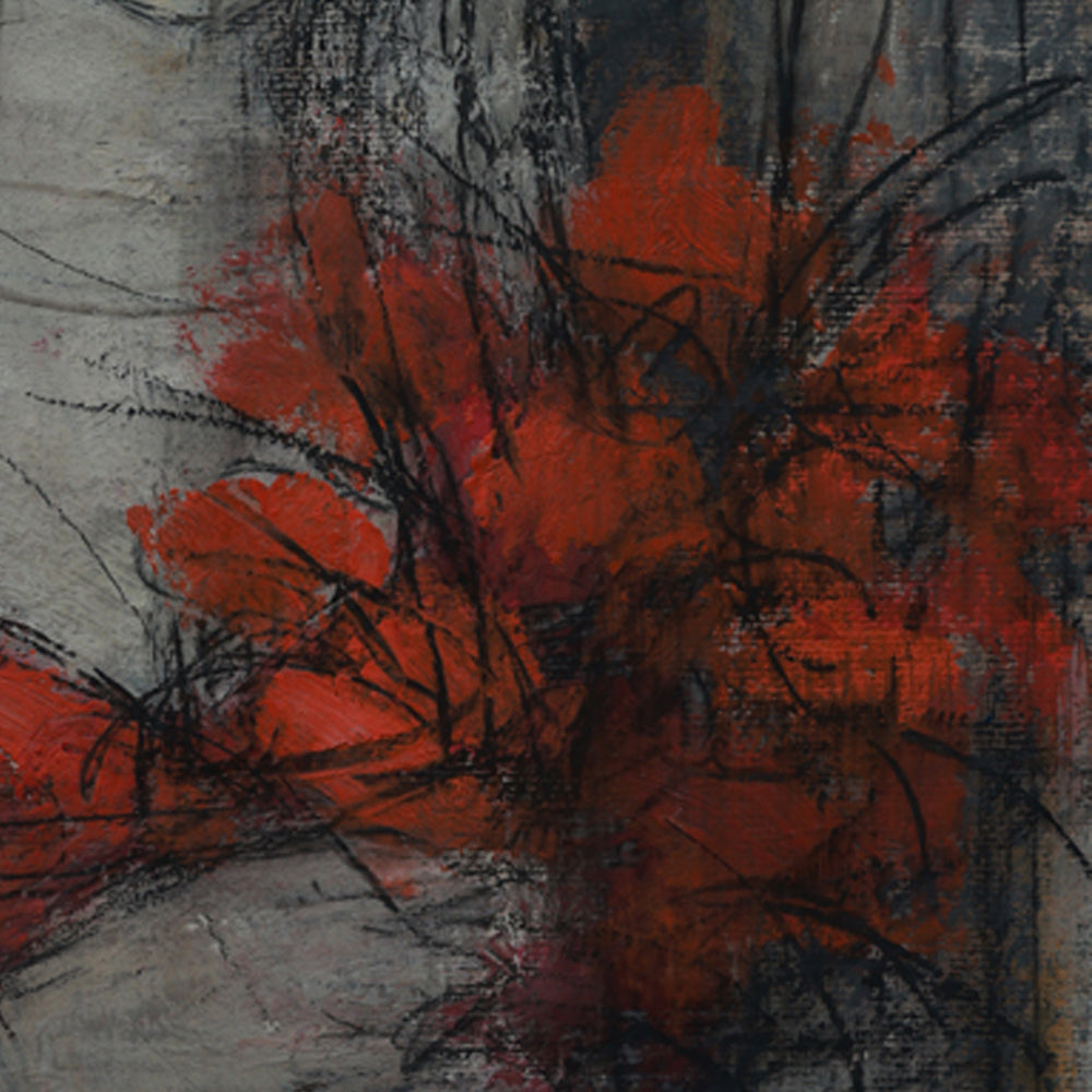 Abstract artwork with red and black brush strokes on a textured background