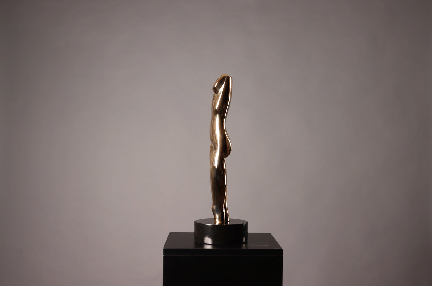 Gold sculpture on a black pedestal against a gray background