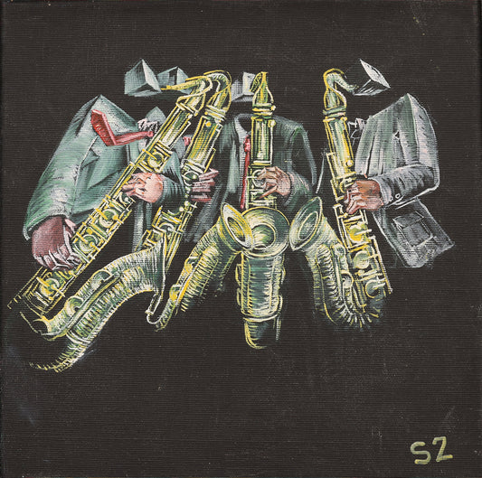 Surreal jazz painting featuring four abstract, faceless musicians in suits playing saxophones against a black background. Each figure has exaggerated hands and geometric, box-shaped heads, emphasizing motion and rhythm. The saxophones glow with golden-yellow highlights, creating a dynamic contrast with the dark canvas and evoking the energy of a live jazz performance.
