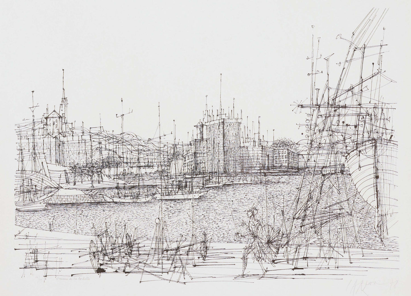 Black and white line drawing of a cityscape with people and architectural structures.