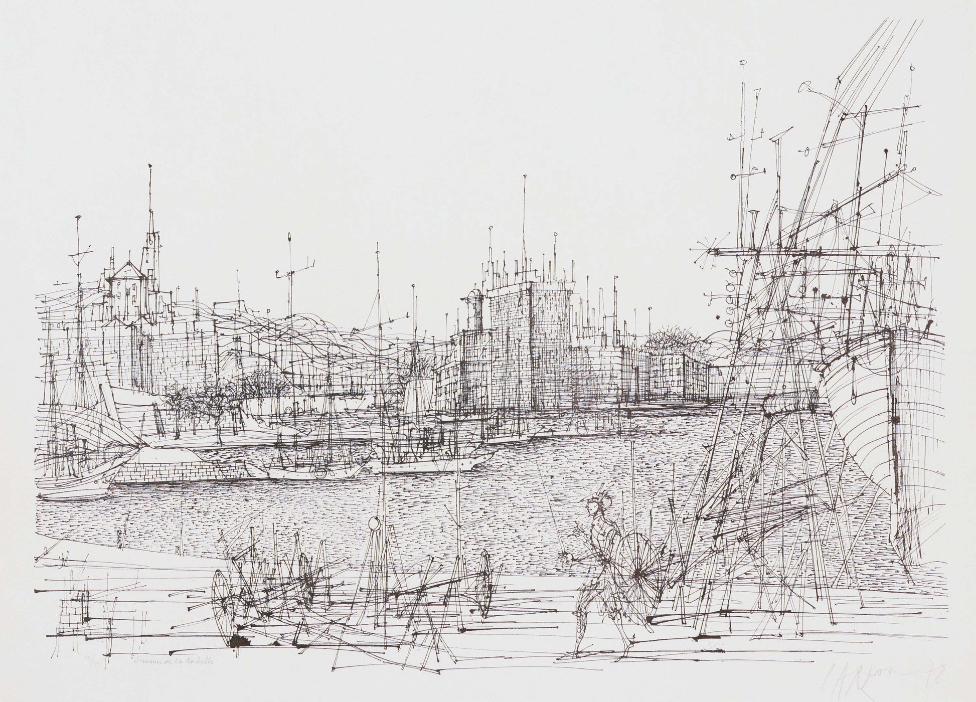 Black and white line drawing of a cityscape with people and architectural structures.