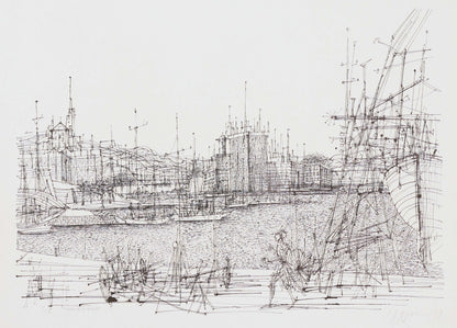 Black and white line drawing of a cityscape with people and architectural structures.