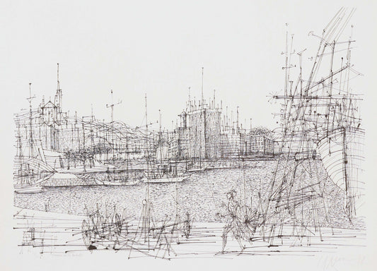 Black and white line drawing of a cityscape with people and architectural structures.