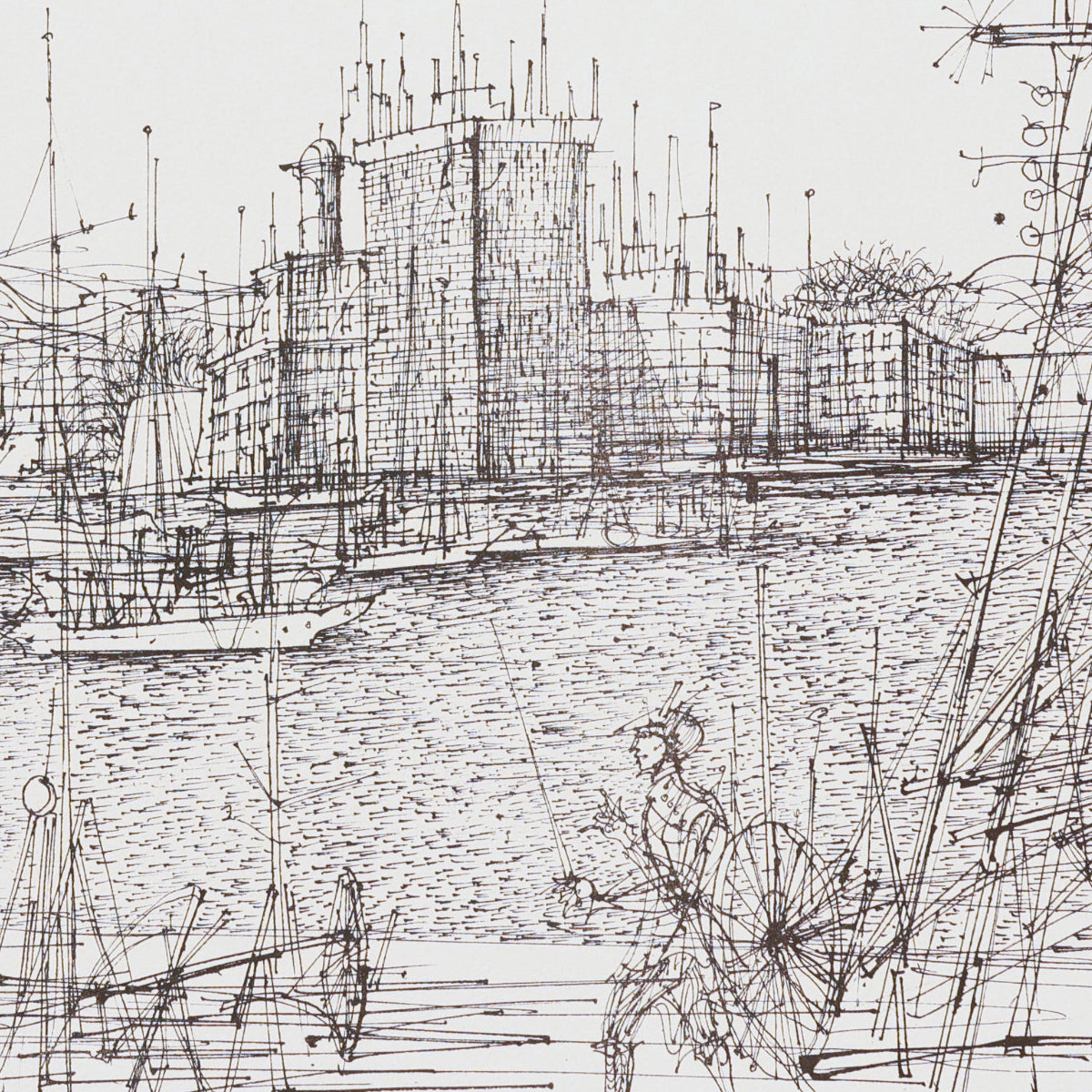 Detailed black and white line drawing of a cityscape with a river and figures.