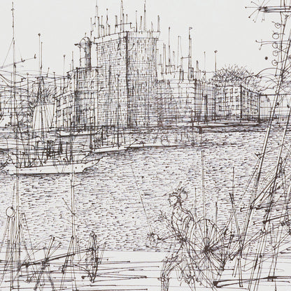 Detailed black and white line drawing of a cityscape with a river and figures.