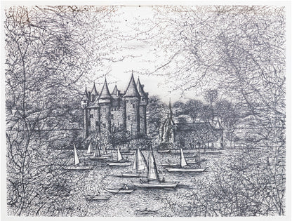 Black and white illustration of a castle with sailboats on a lake, surrounded by trees.