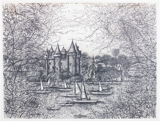 Black and white illustration of a castle with sailboats on a lake, surrounded by trees.