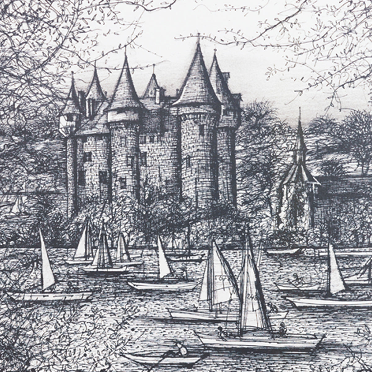 Engraving of a castle with sailboats on a lake
