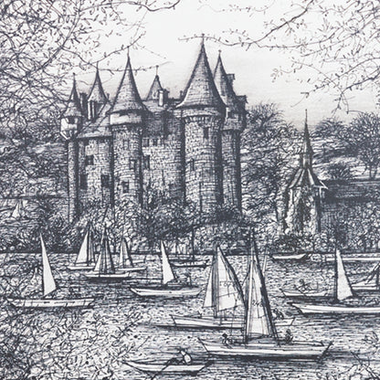 Engraving of a castle with sailboats on a lake