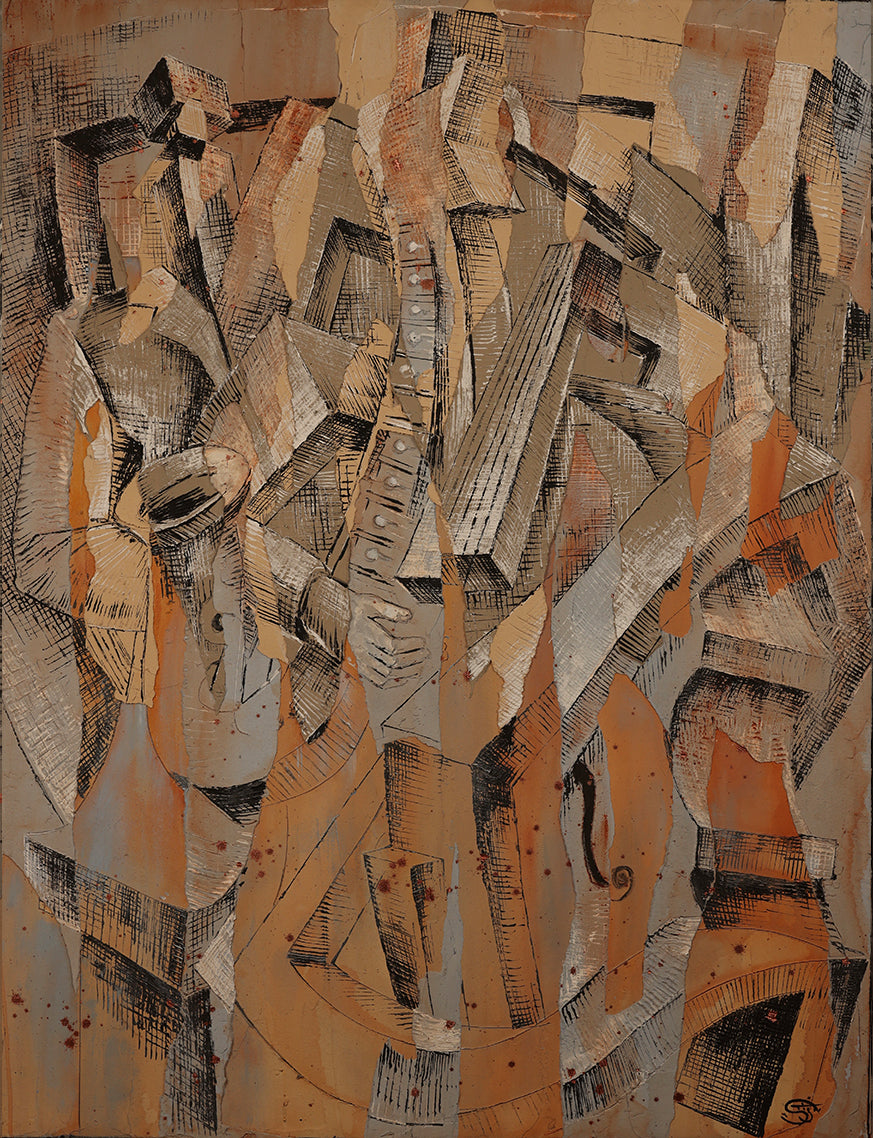 Cubist-inspired abstract painting featuring fragmented musical instruments and human forms layered in a warm, earthy color palette of beige, ochre, and rust. The composition includes elements of a saxophone, piano keys, a violin, and expressive hands, all interwoven through geometric shapes and textured cross-hatching. The artwork conveys movement, rhythm, and improvisation, capturing the spirit of jazz through a modernist visual language.