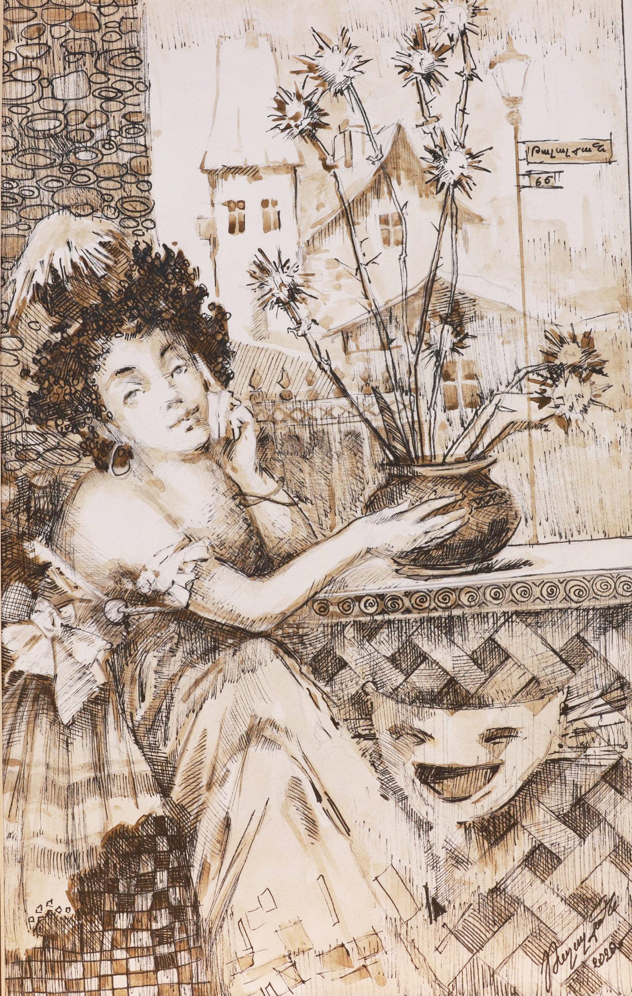 Artistic depiction of a woman with flowers, using a textured brown and beige color scheme.