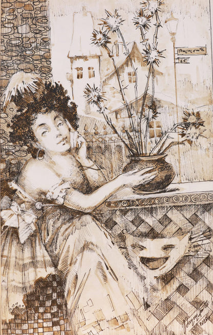 Artistic depiction of a woman with flowers, using a textured brown and beige color scheme.