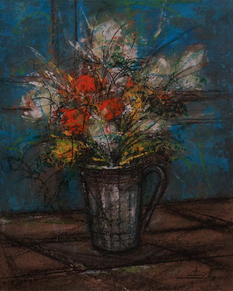 Artistic depiction of a bouquet in a vase with a textured blue background