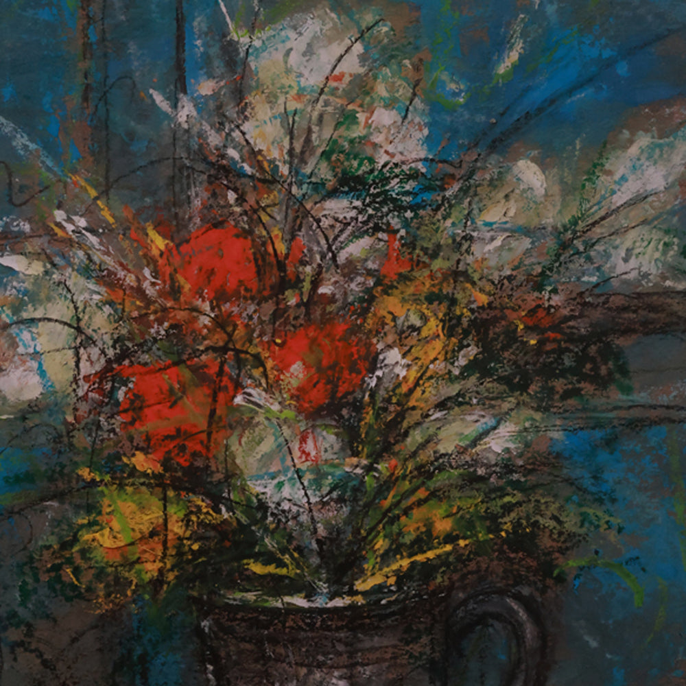 Abstract painting of flowers in a vase with vibrant colors on a dark background
