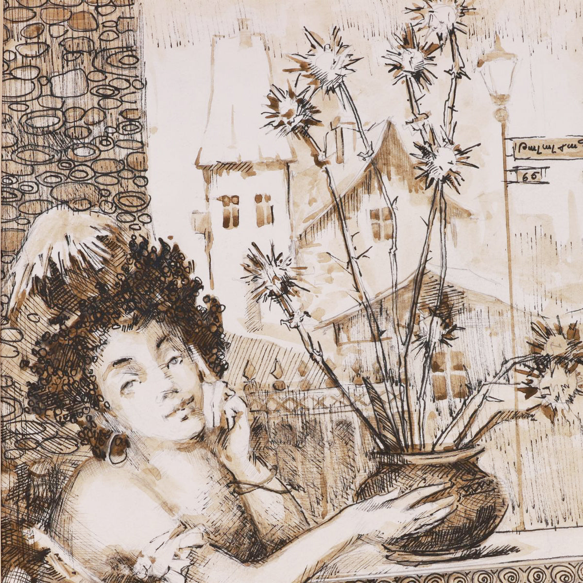 Artistic depiction of a woman with flowers and buildings in the background