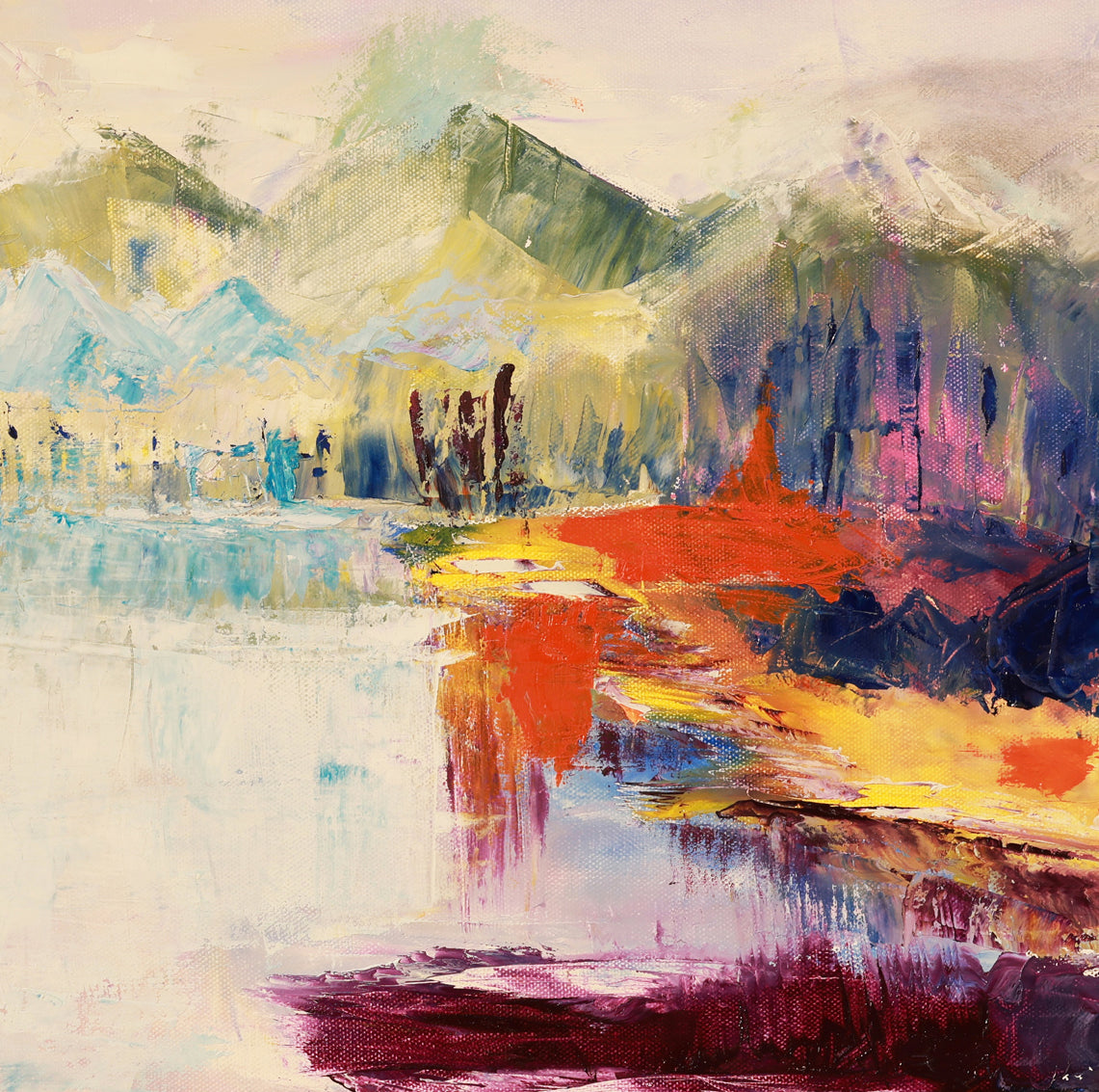 A detail shot of an abstract painting of a landscape with mountains and water