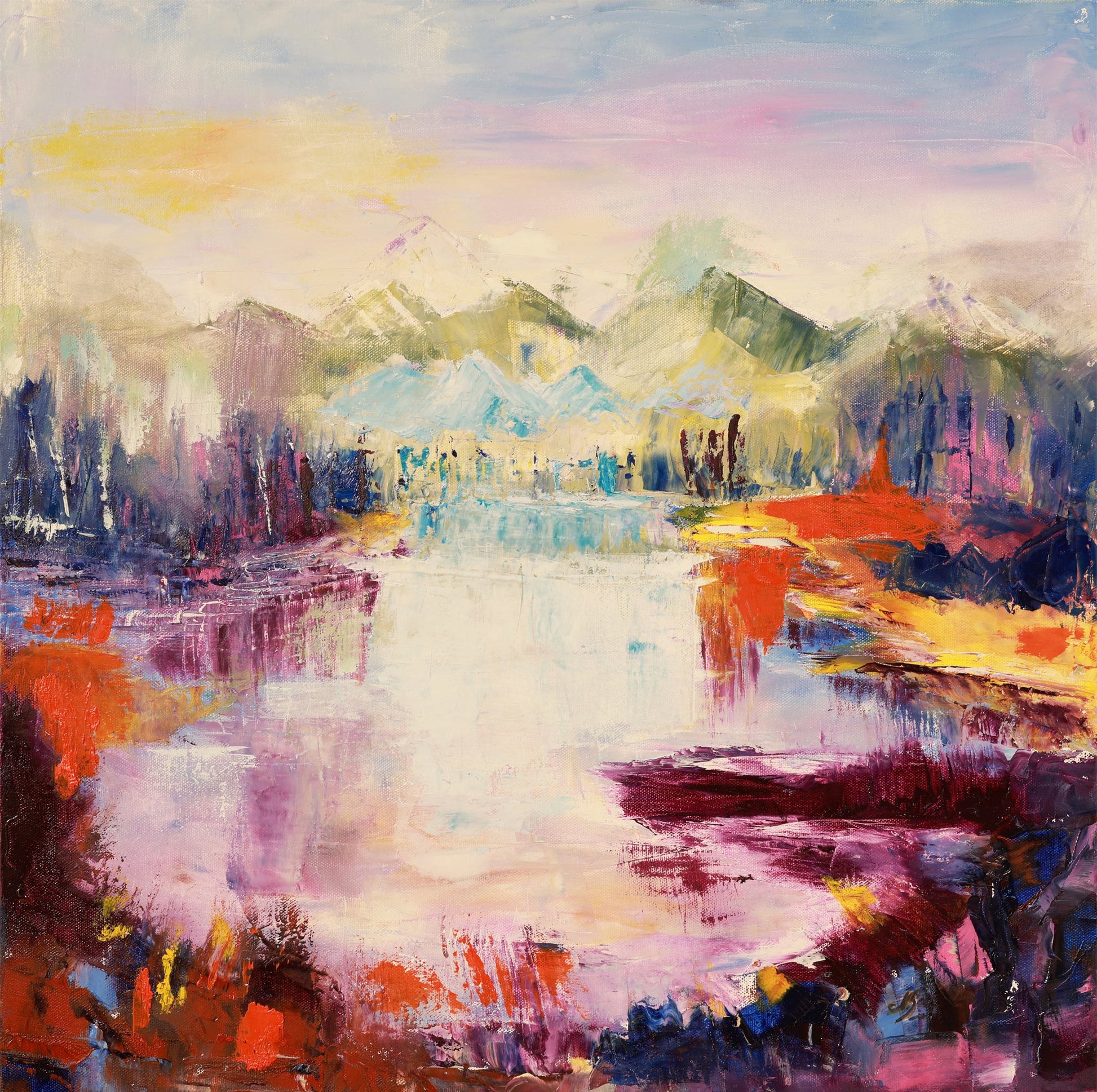 Abstract painting of a landscape with mountains and water