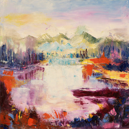 Abstract painting of a landscape with mountains and water
