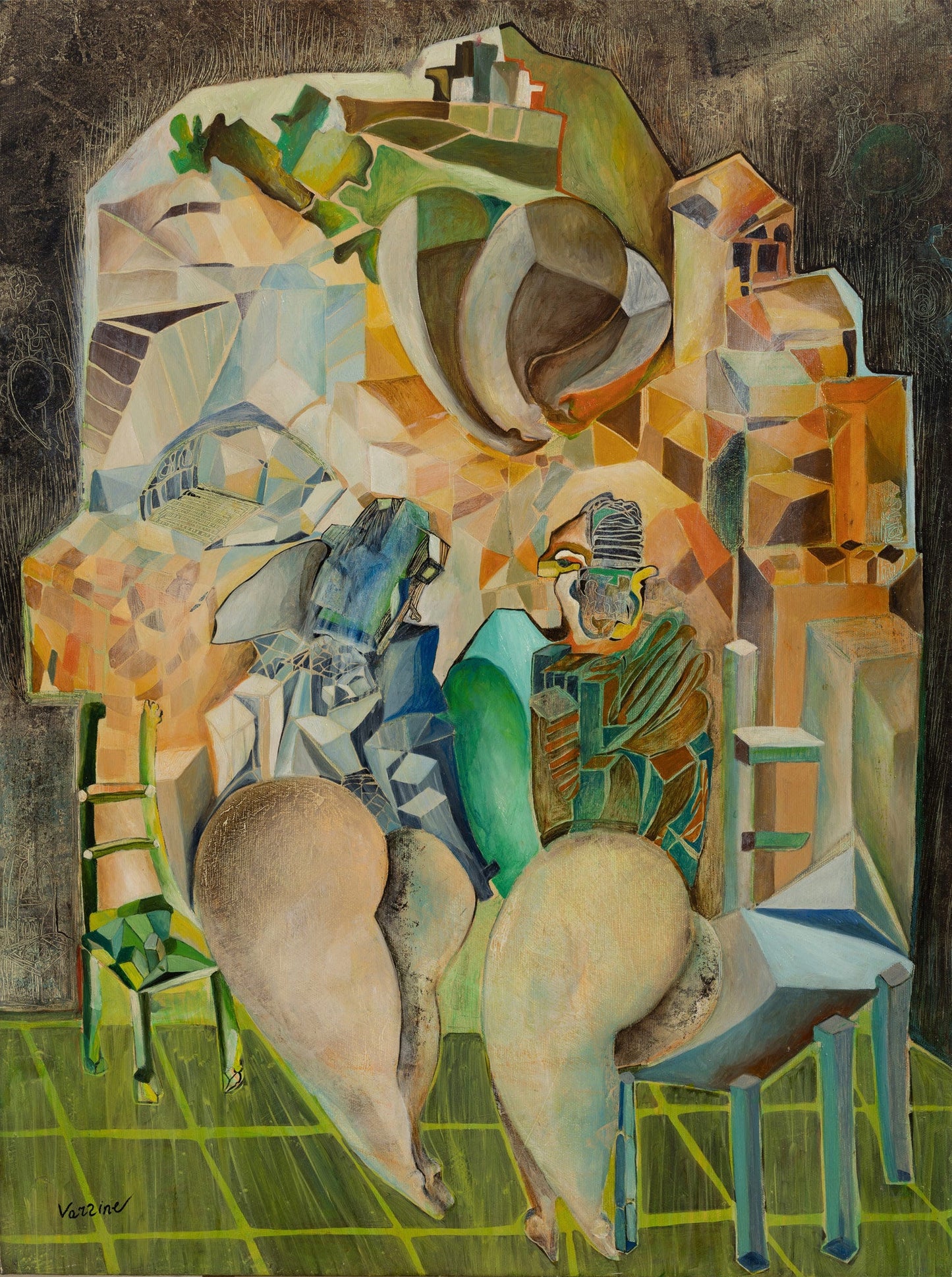 Abstract artwork with anthropomorphic figures  and geometric shapes in earthy colors on a dark background