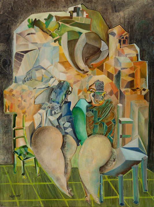 Abstract artwork with anthropomorphic figures  and geometric shapes in earthy colors on a dark background