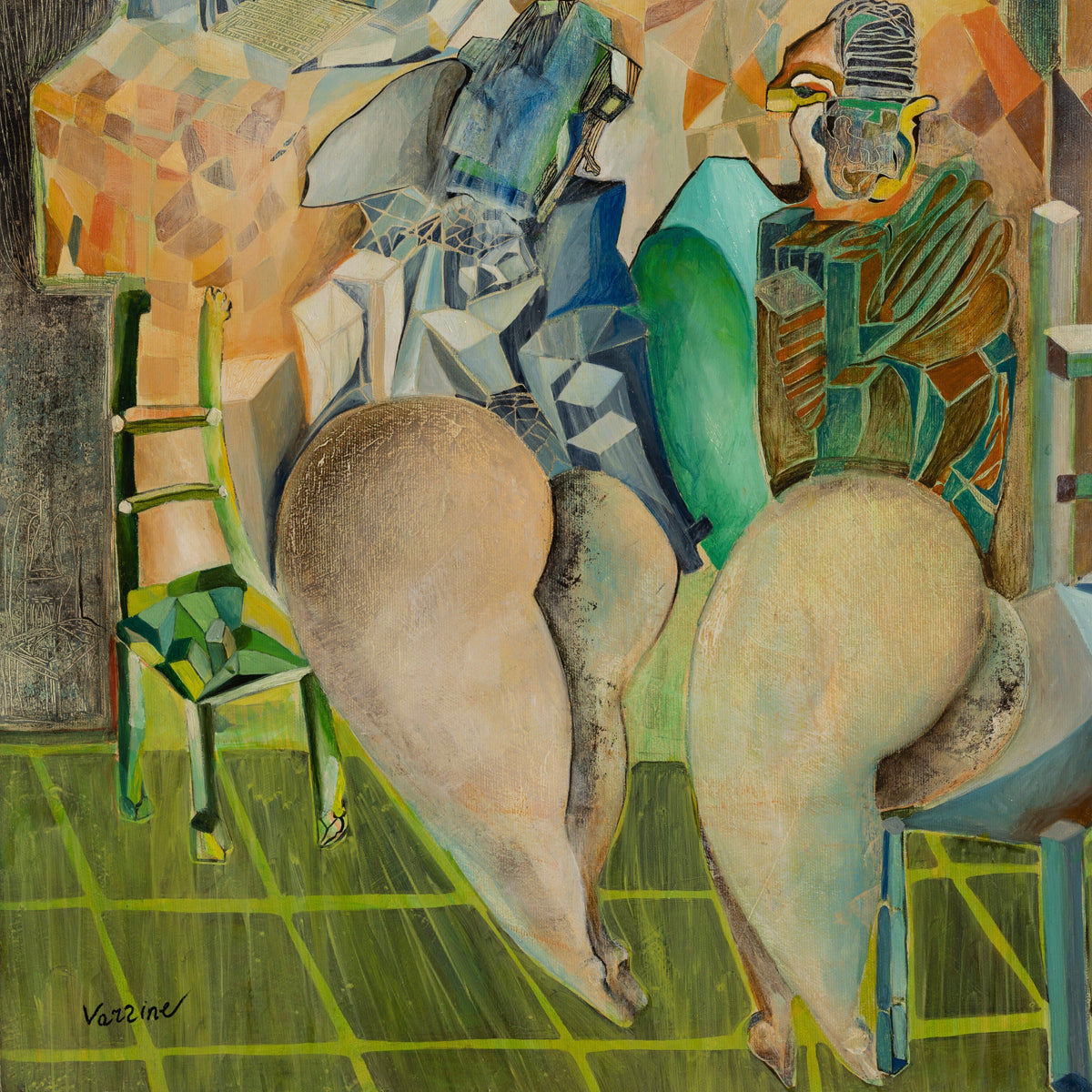 A detail shot of an abstract artwork with anthropomorphic figures  and geometric shapes in earthy colors on a dark background