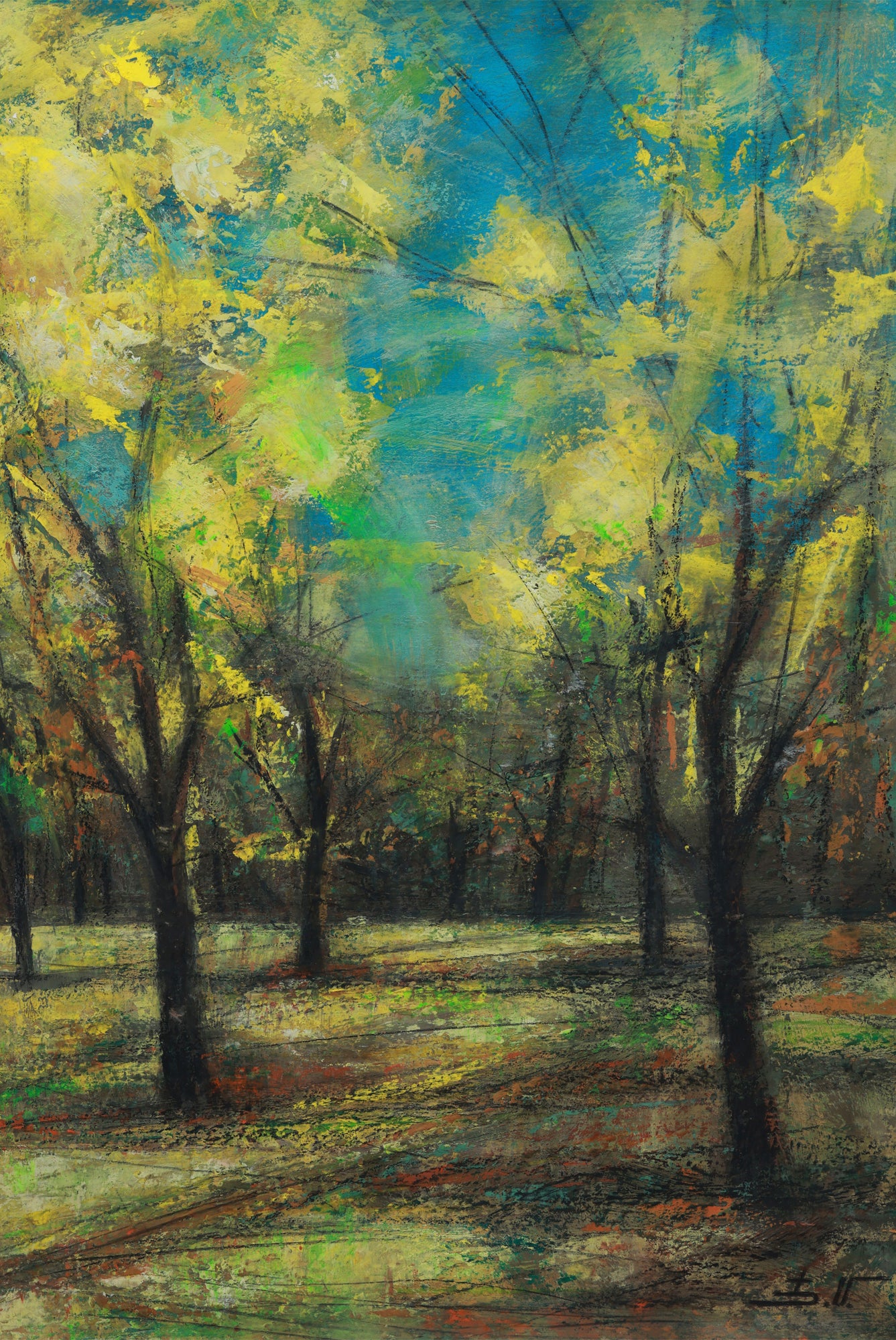 Painting of a park with trees and a blue sky