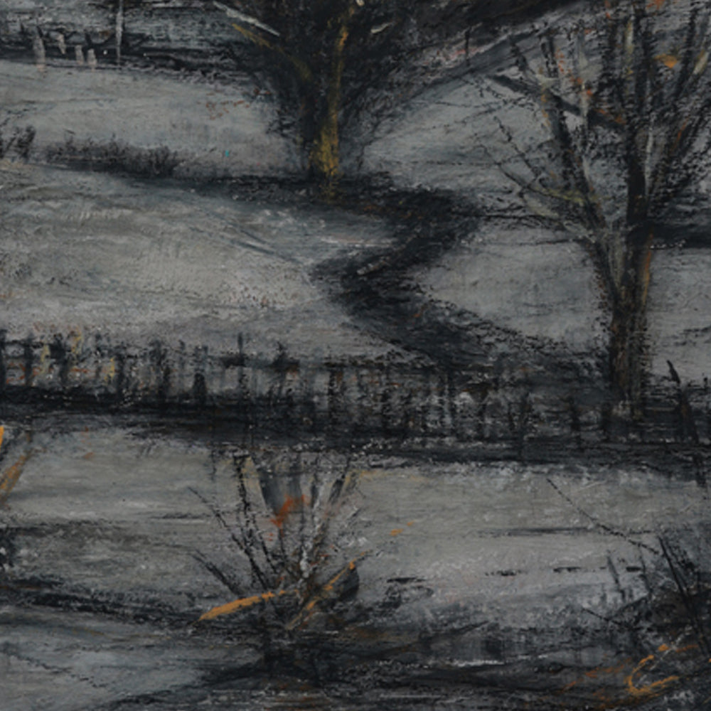 Winter landscape with trees and a fence on a snowy day