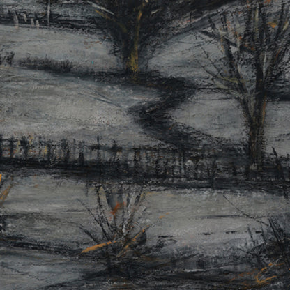 Winter landscape with trees and a fence on a snowy day