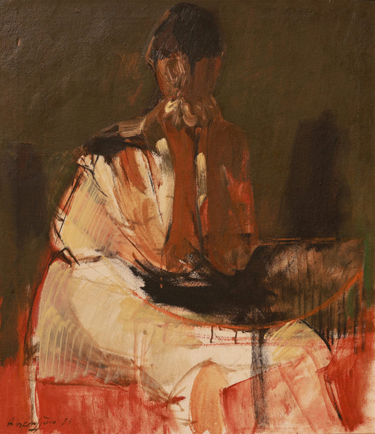 Abstract painting of a person sitting on a chair with a dark background